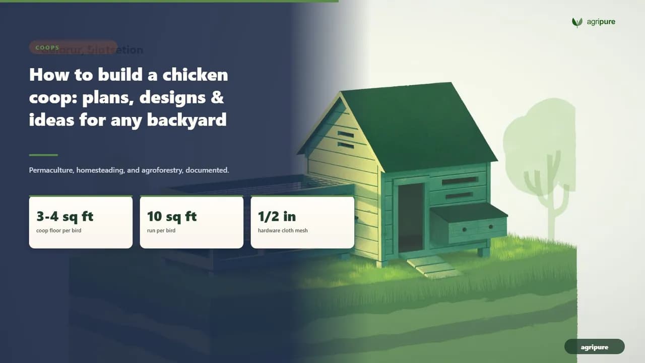 A small backyard chicken coop with an attached wire run on a grassy lawn, raised off the ground on posts, with a ramp, nesting box bump-out, and overhead vents, late spring morning